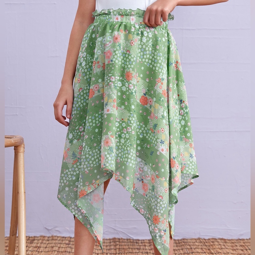 Girls High Waist Floral Print Frill Asymmetrical Hem Skirt - Picture 1 of 3